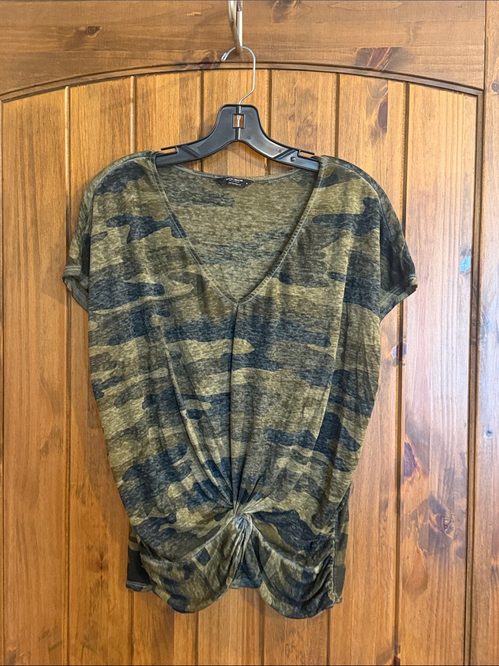 Lucky Brand Olive and Black Camo Twist-Front V-Neck Tee